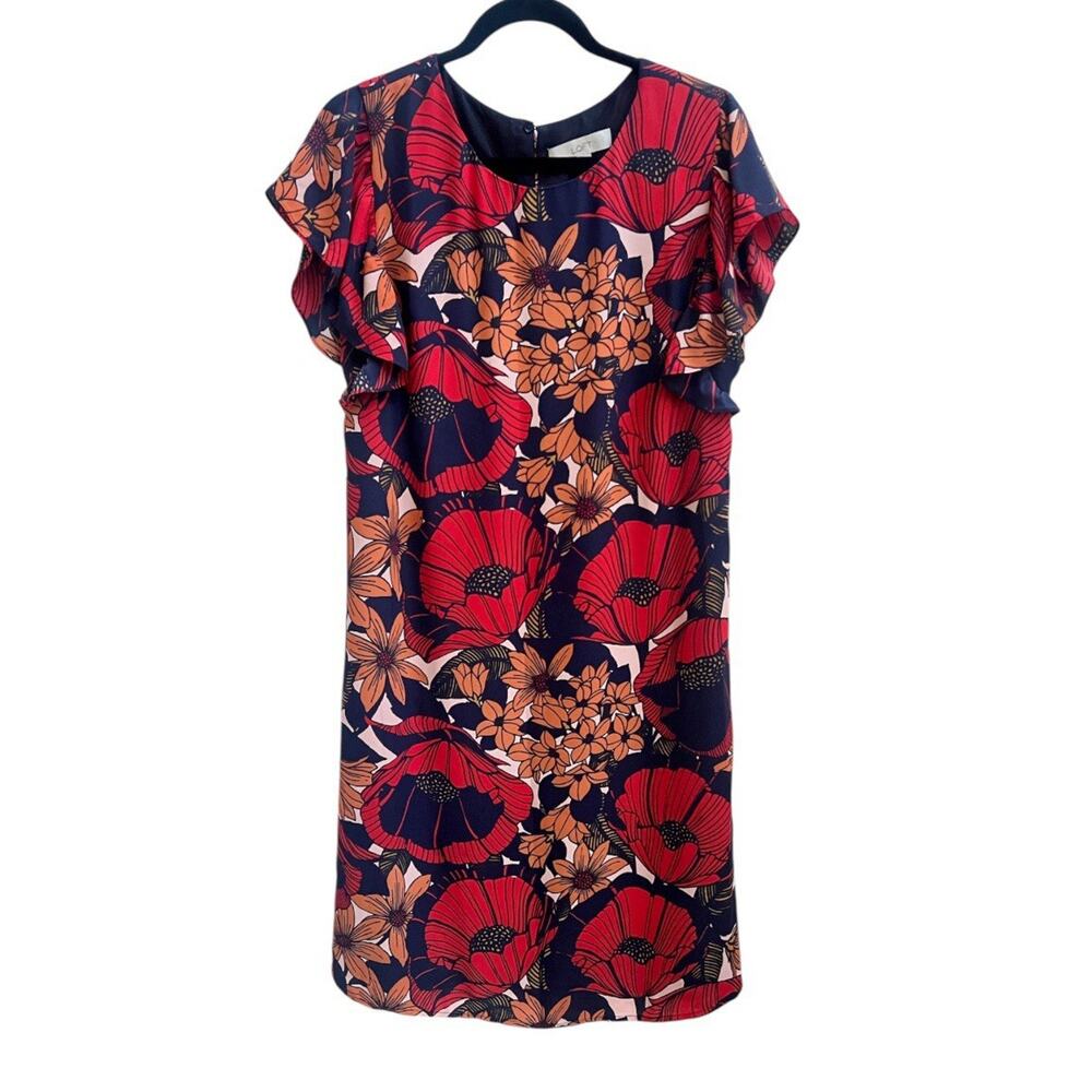 Loft Poppy Print Floral Shift Dress Ruffle Slv Sz M Knee Length Red Orange - Picture 2 of 8